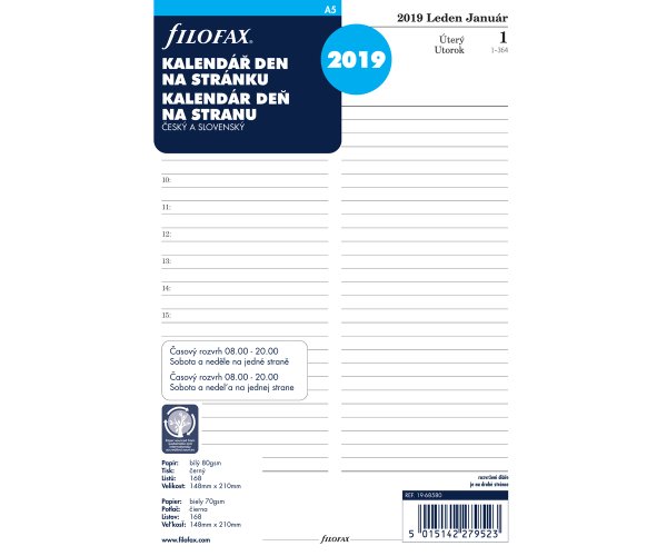 Filofax A5 kalendář 2019 ČJ+SJ den/1 stránka