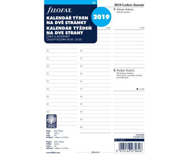 Filofax kalendář A5 2020 ČJ+SJ týden/2 stránky