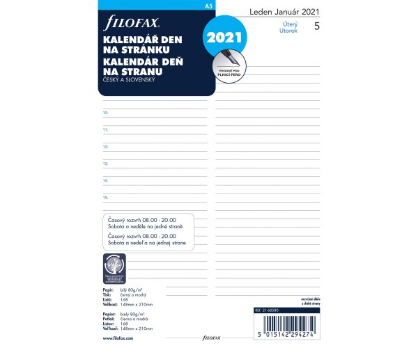 Filofax A5 kalendář 2021 ČJ+SJ den/1 stránka