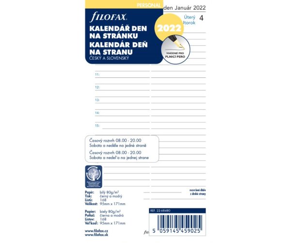 Filofax kalendář 2022 ČJ+SJ den/1 stránka