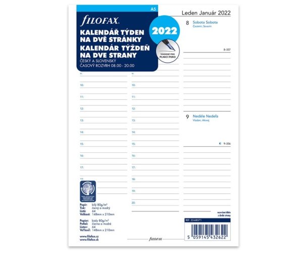 Filofax kalendář A5 2022 ČJ+SJ týden/2 stránky