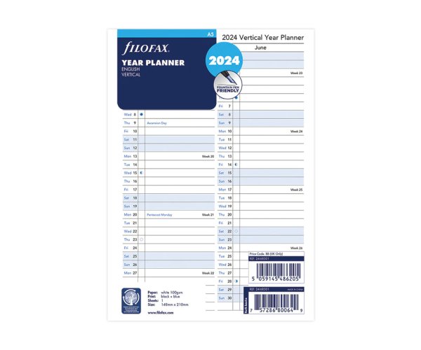 Filofax vertikální kalendář 2024 plánovací AJ - A5