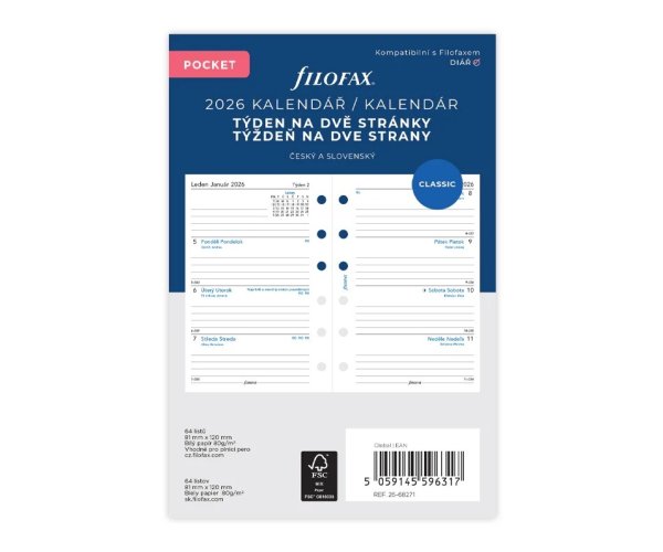 Filofax kalendář kapesní 2026 ČJ+SJ týden/2 stránky