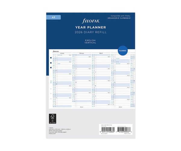 Filofax vertikální kalendář 2026 plánovací AJ - A5
