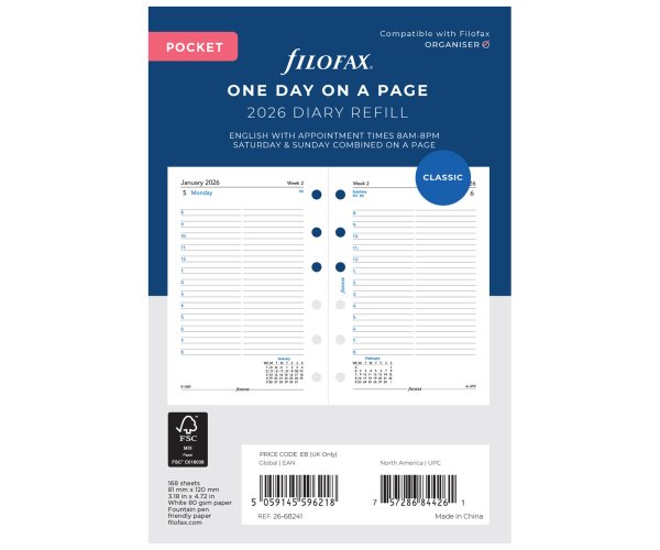 Filofax kalendář kapesní 2026 AJ den/1 strana