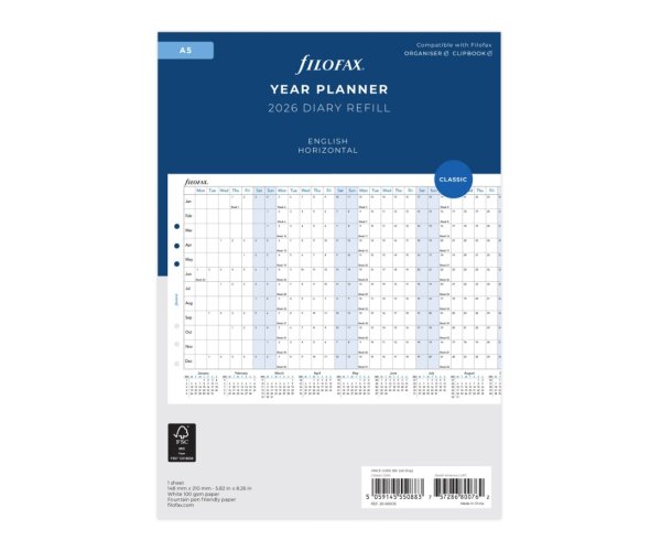 Filofax horizontální kalendář 2026 plánovací AJ - A5