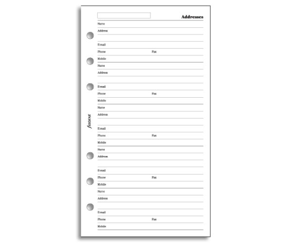 Filofax adresář - jméno, adresa, e-mail, telefon, fax, mobil - bílý - Osobní