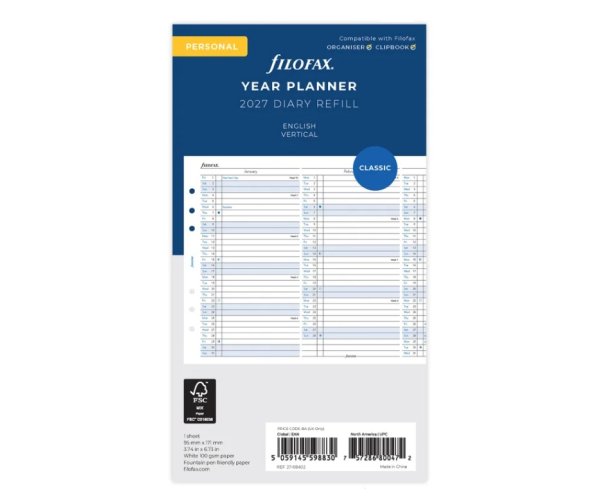 Filofax vertikální kalendář 2027 plánovací AJ - osobní
